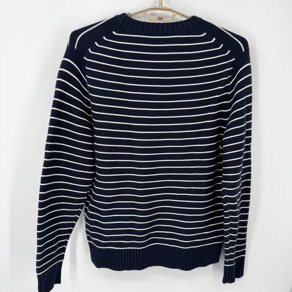 J Crew Mens 100% Organic Cotton Navy Stripe Sweater Thick Cozy Size Large - Picture 5 of 6